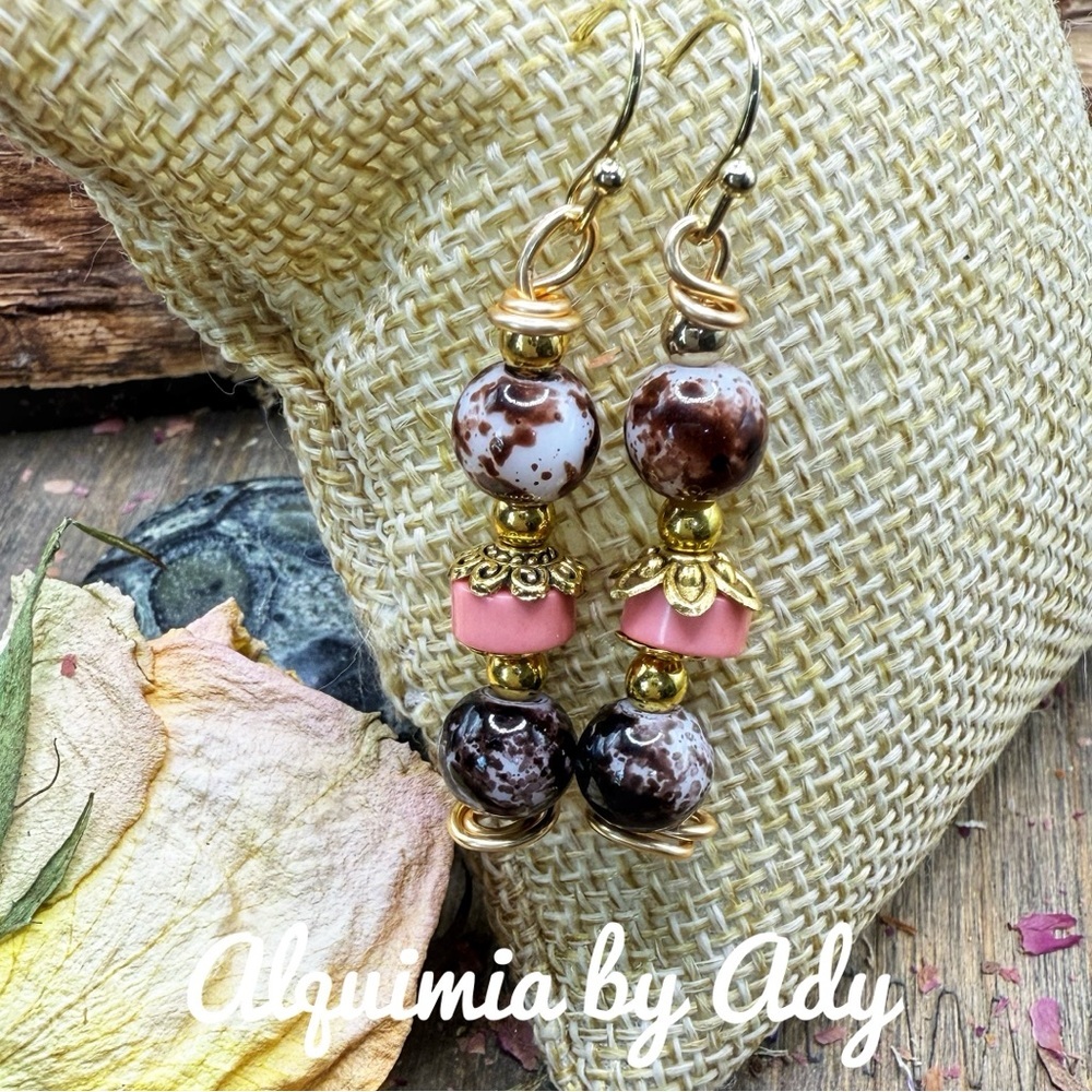 Brown Agate Gold Vintage Statement Earrings 41$